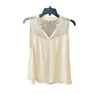 Miss Me women’s sleeveless lacy dot blouse beaded neckline SZ S ivory